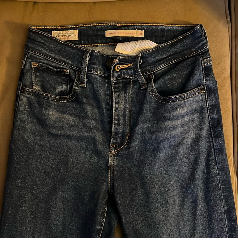 Dark blue high rise straight crop Jean